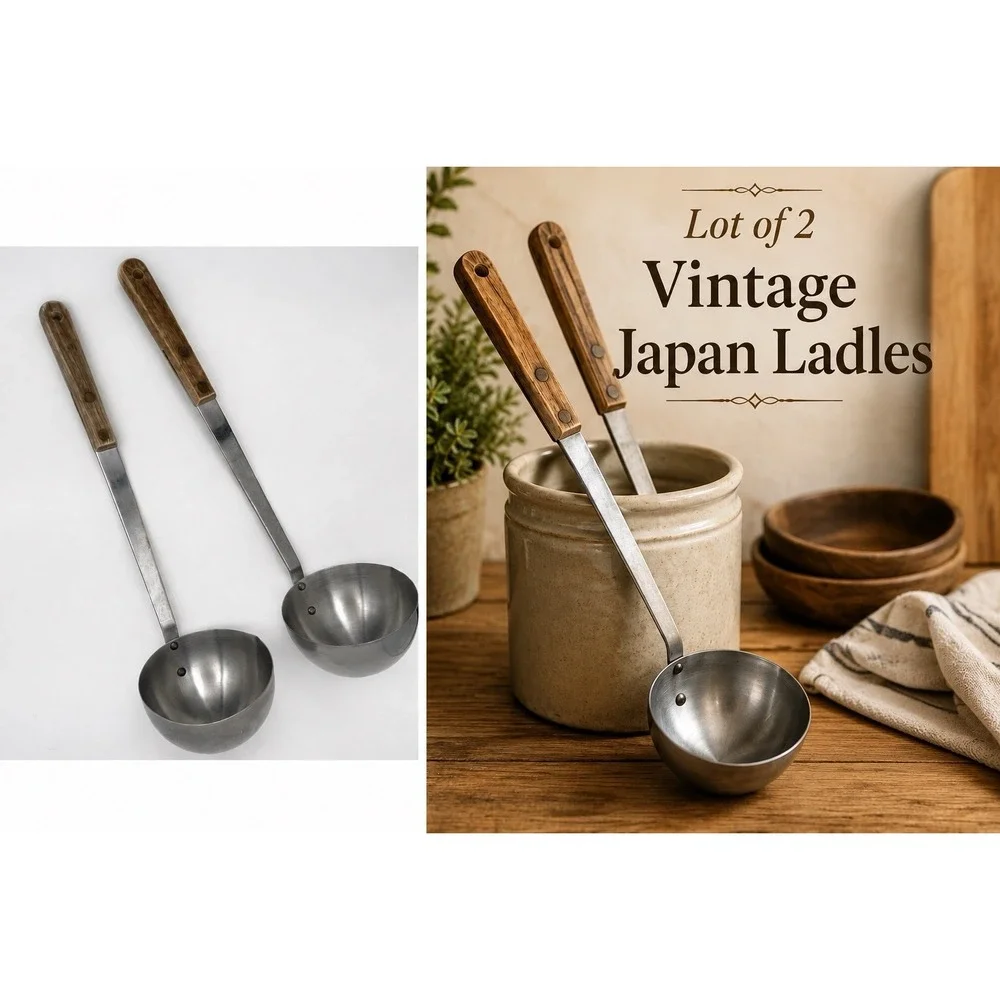 Lot of 2 Vintage Japan Stainless Steel Soup Ladles Riveted Wood Handles 10